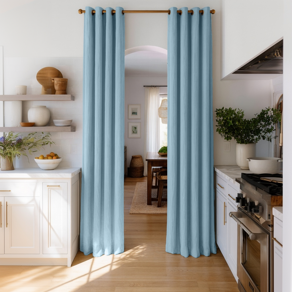 Sky Blue Linen Doorway Curtains with Eyelets