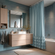 Sky Blue Linen Ruffle Shower Curtain in a Contemporary Bathroom with Light Oak Accents