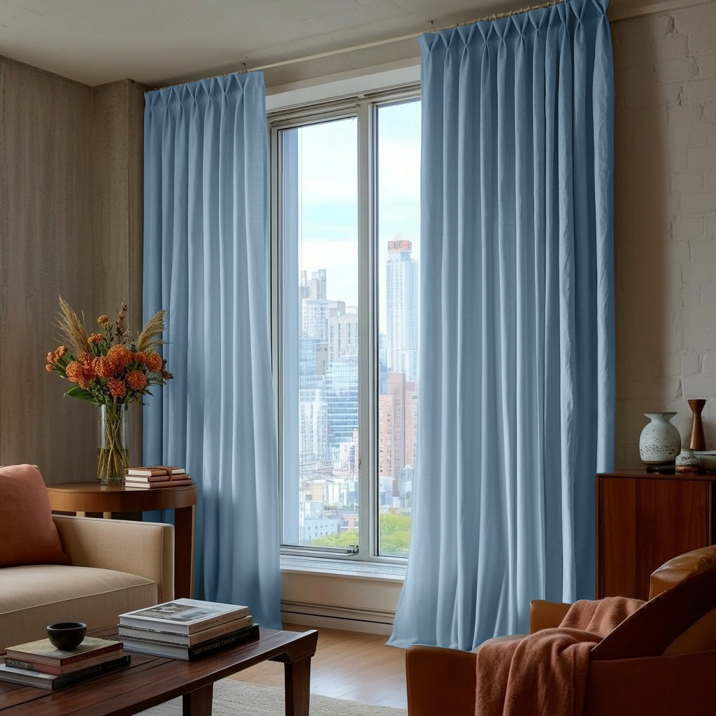 Sky Blue Linen Thermal Pinch Pleat Curtains
