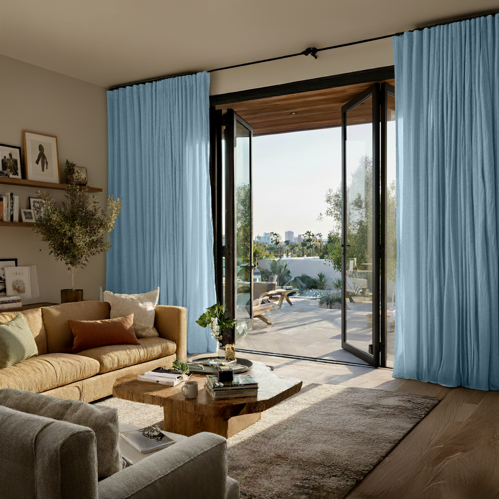 Sky Blue Linen S-Fold Curtains for Bifold Doors - Cotton Lining