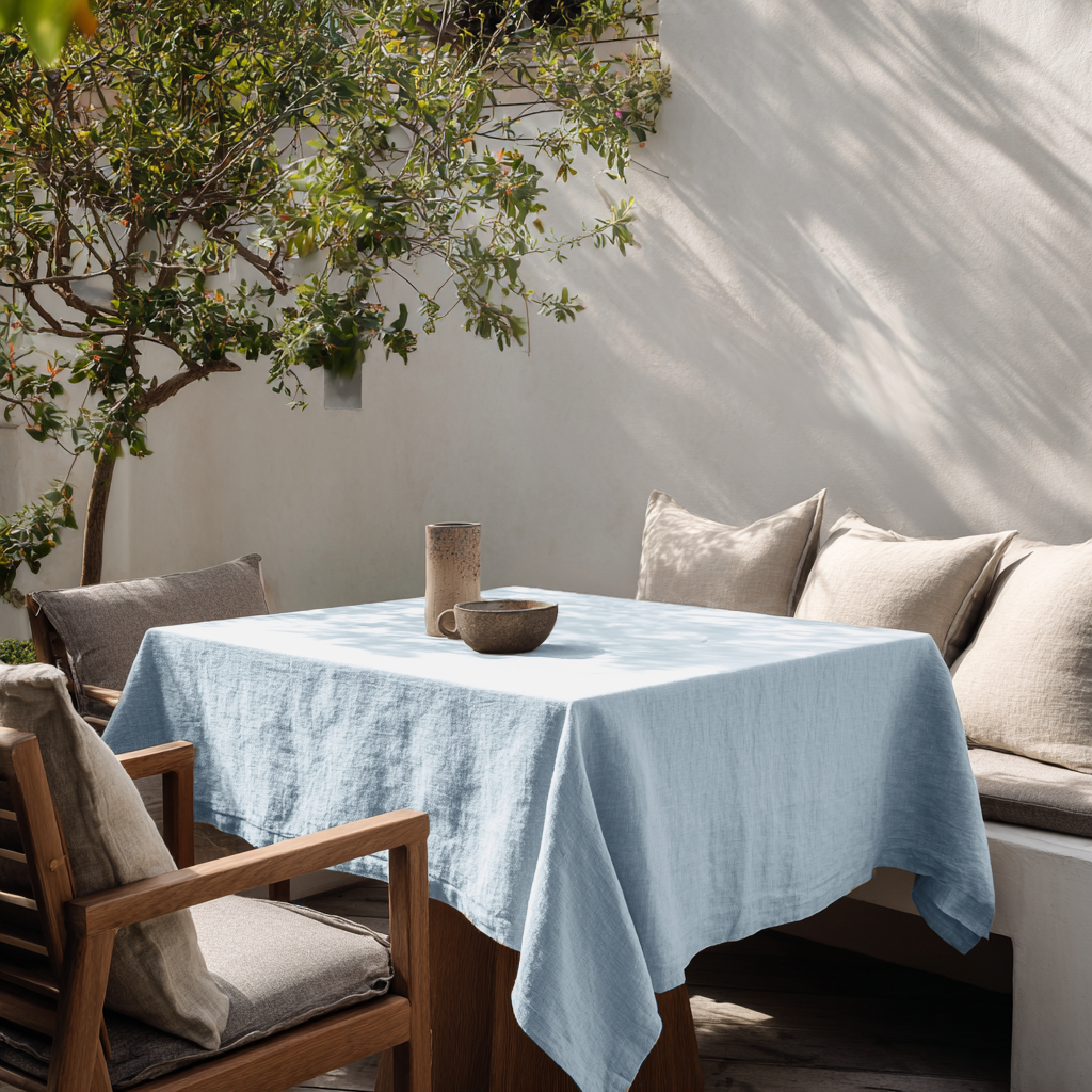 Sky Blue Square Linen Tablecloth on a Bright Outdoor Patio with Wood-Framed Seating and Neutral Cushions