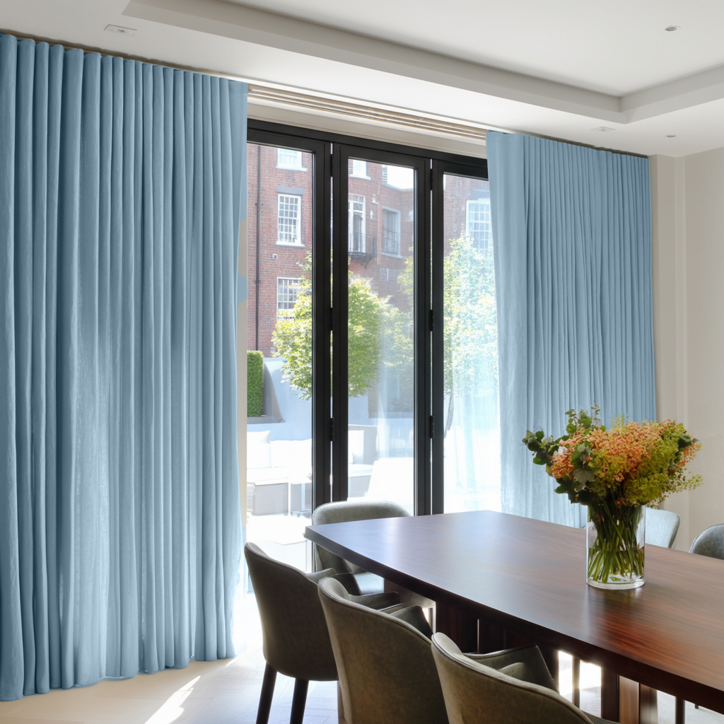 Sky Blue Wavefold Linen Curtains for Bifold Doors - Cotton Lining