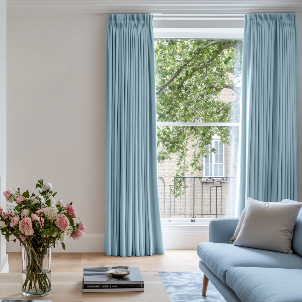 Sky Light Blue Pencil Pleat Curtains - Cotton Lined