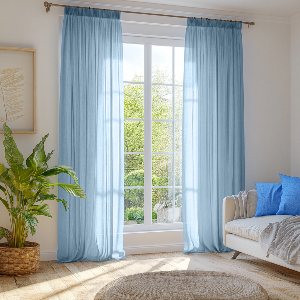 Sky Light Blue Pencil Pleat Curtains - Unlined