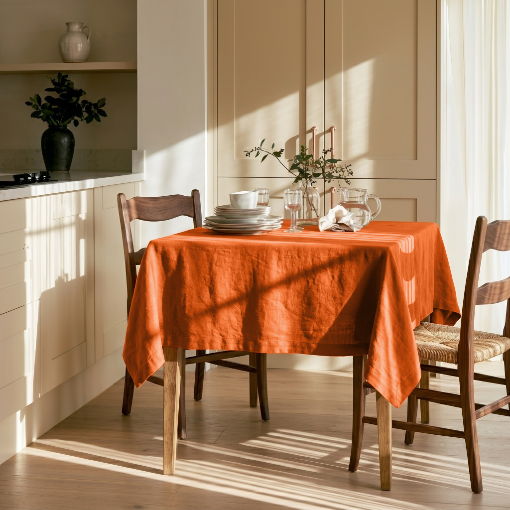 Burnt Orange Square Linen Tablecloth in a Modern Farmhouse Kitchen with Cream Cabinetry and Wooden Chairs