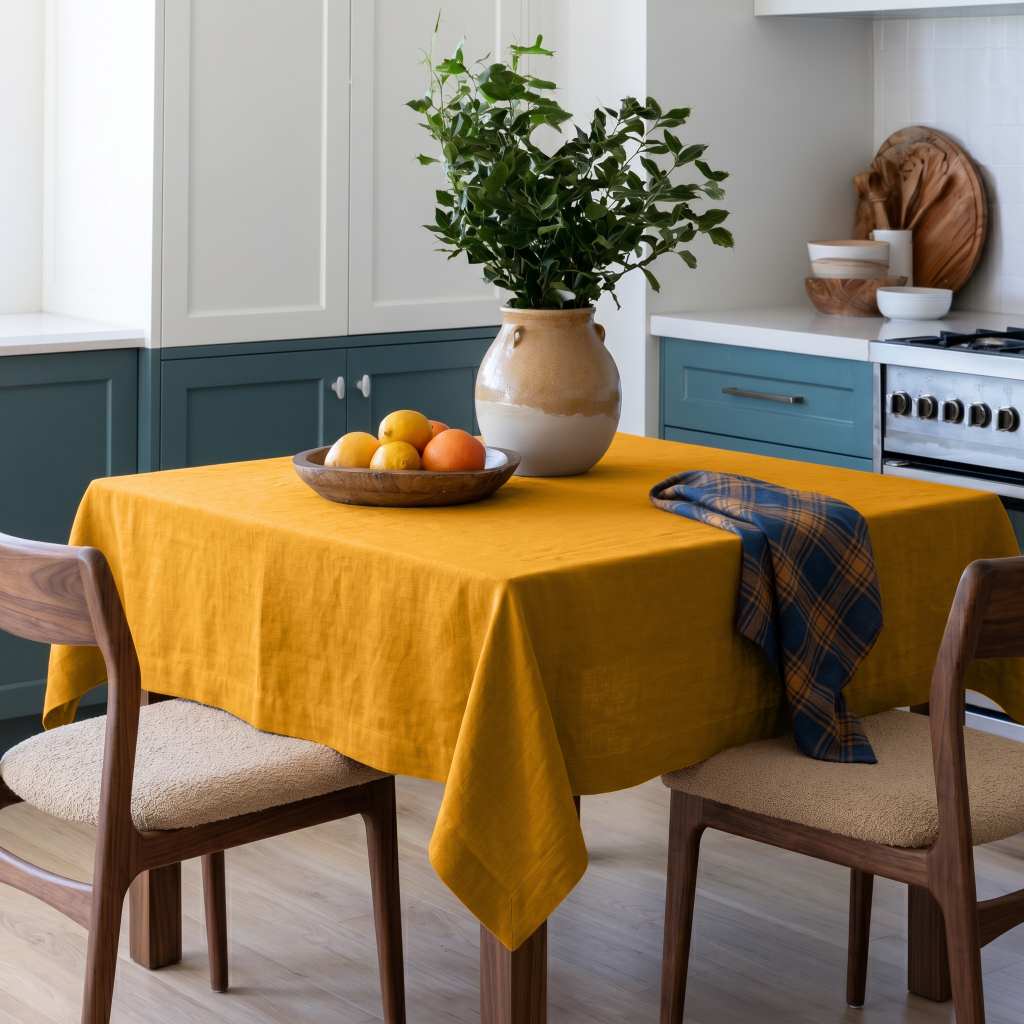 Mustard Yellow Square Linen Tablecloth in a Modern Farmhouse Kitchen with Blue Cabinetry