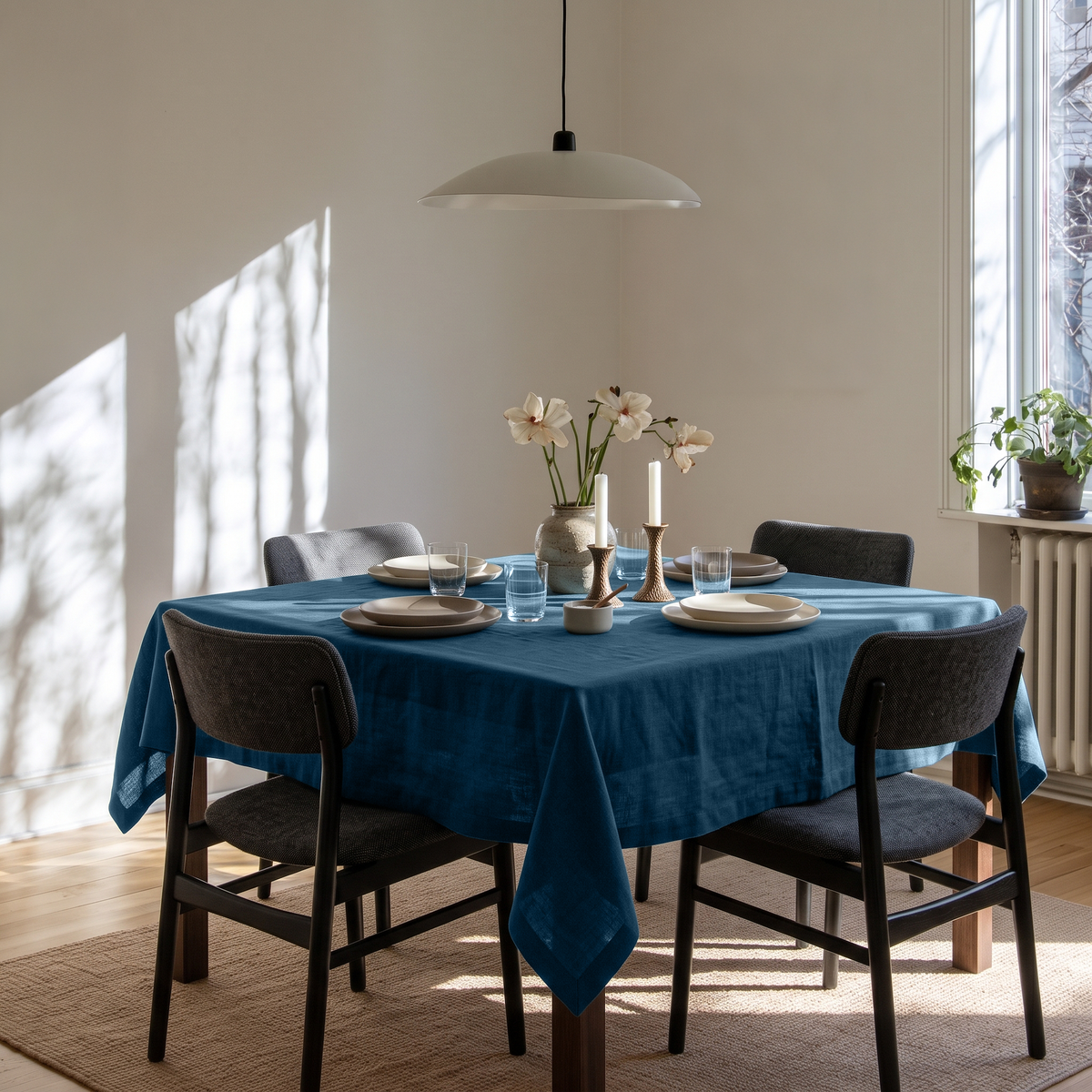 Peacock Blue Square Linen Tablecloth in a Modern Dining Room with Dark Upholstered Chairs and Soft Natural Light