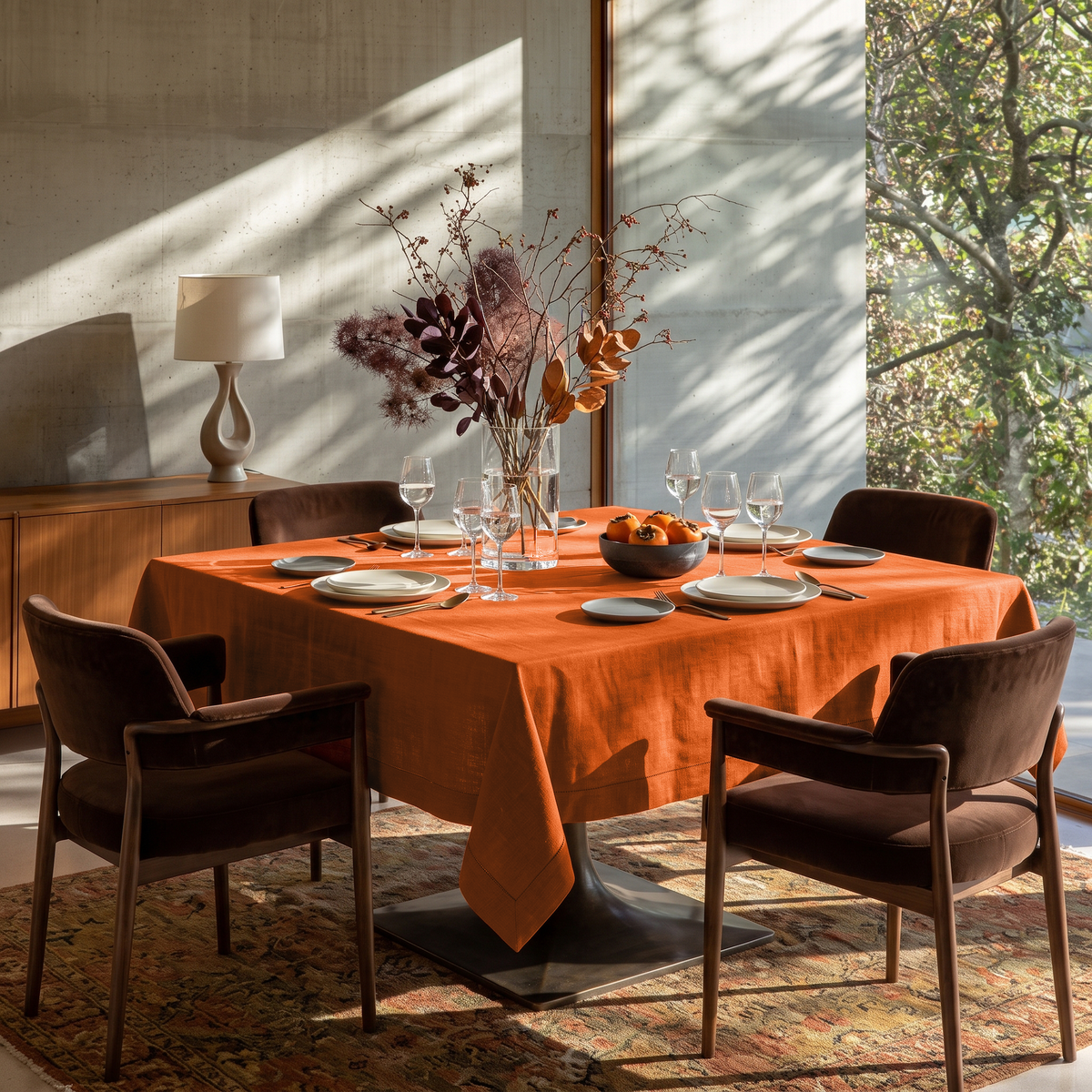 Burnt Orange Square Linen Tablecloth in a Contemporary Dining Room with Brown Upholstered Chairs