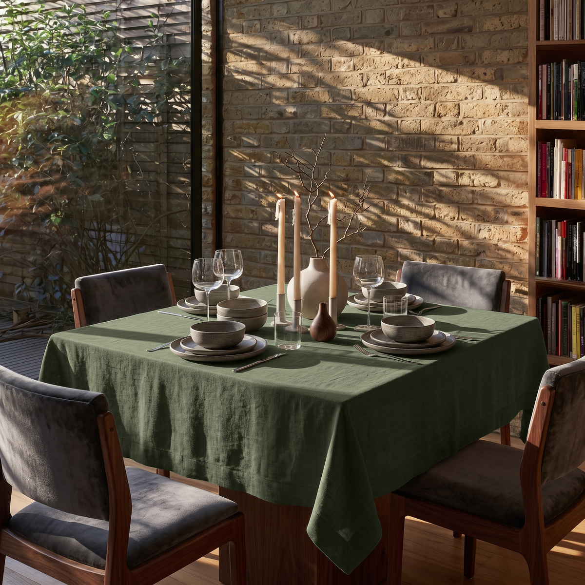 Sage Green Square Linen Tablecloth in a Rustic Contemporary Dining Room with Exposed Brick Walls and Dark Upholstered Chairs