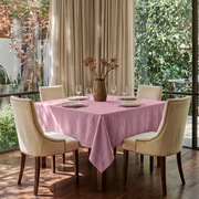 Dusty Rose Square Linen Tablecloth in a Transitional Dining Room with Cream Upholstered Chairs