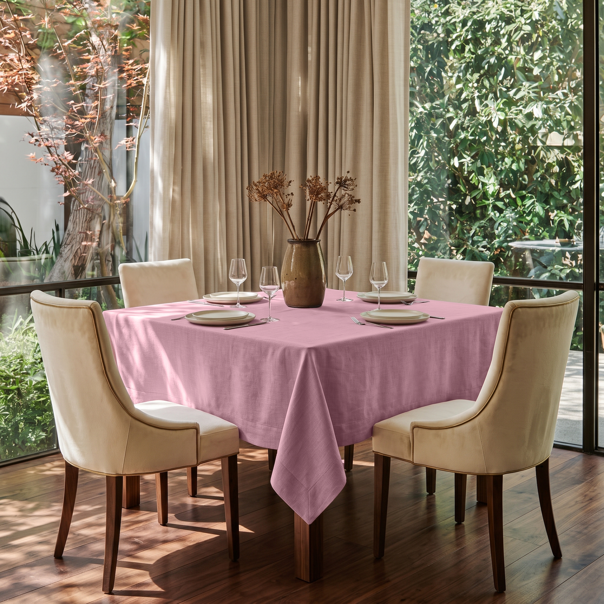 Dusty Rose Square Linen Tablecloth in a Transitional Dining Room with Cream Upholstered Chairs