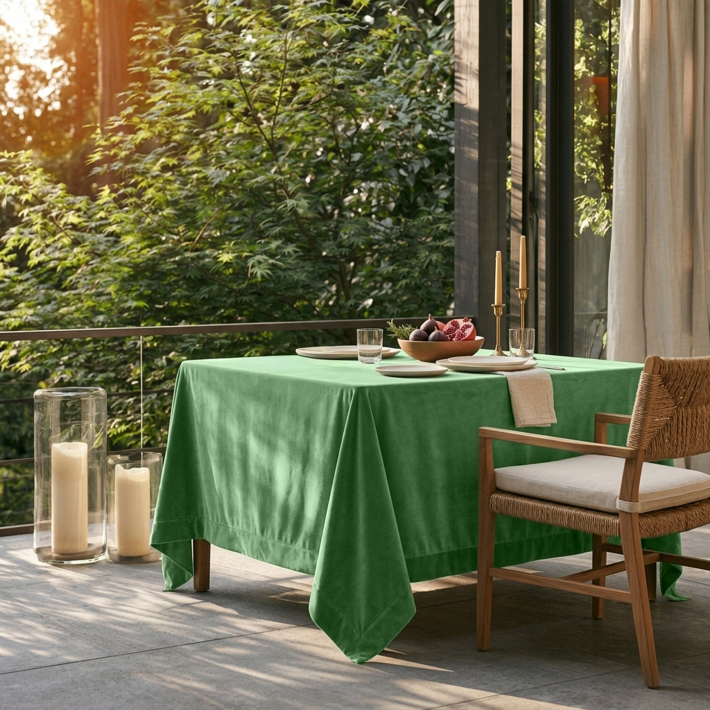 Fern Green Square Velvet Tablecloth in a Modern Outdoor Dining Area with Glass Railings