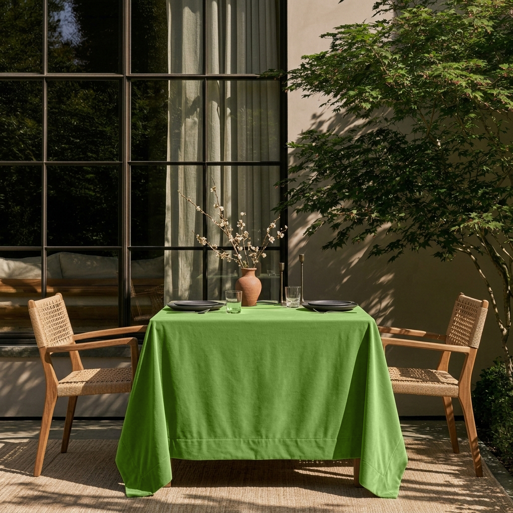 Light Green Square Velvet Tablecloth in a Contemporary Outdoor Dining Area with Woven Chairs
