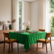 Lime Green Square Velvet Tablecloth in a Modern Dining Room with White Curtains and Mustard Velvet Chairs