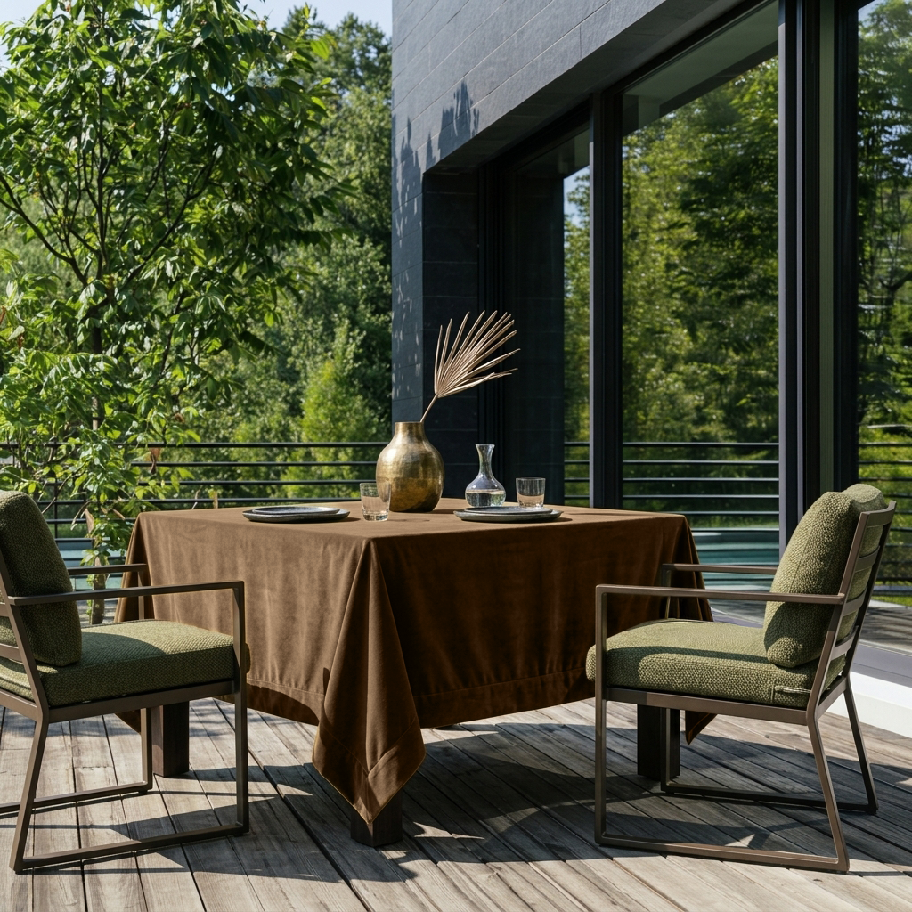 Olive Brown Square Velvet Tablecloth in an Outdoor Dining Area with Modern Armchairs