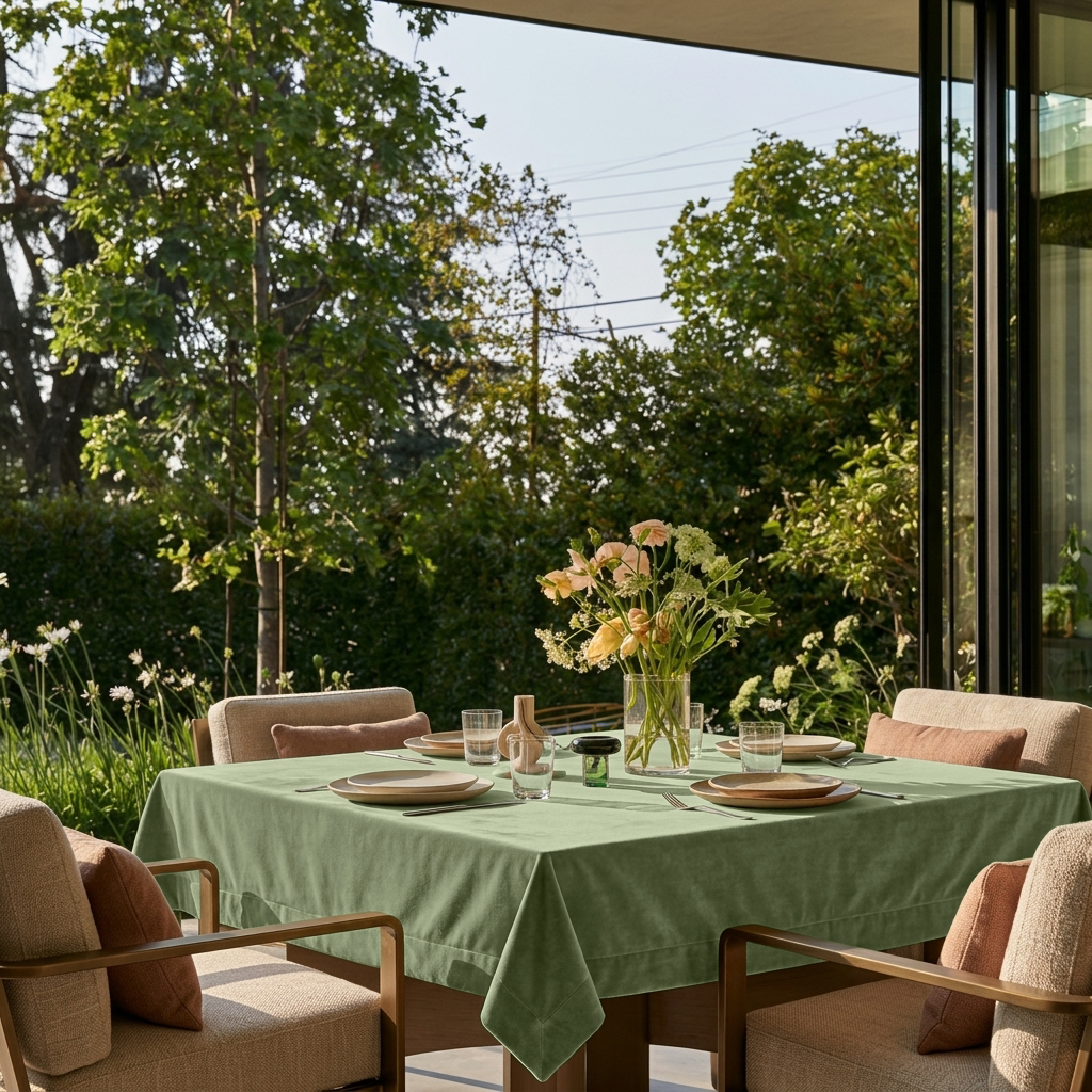 Sage Green Square Velvet Tablecloth in a Contemporary Outdoor Dining Area with Upholstered Armchairs