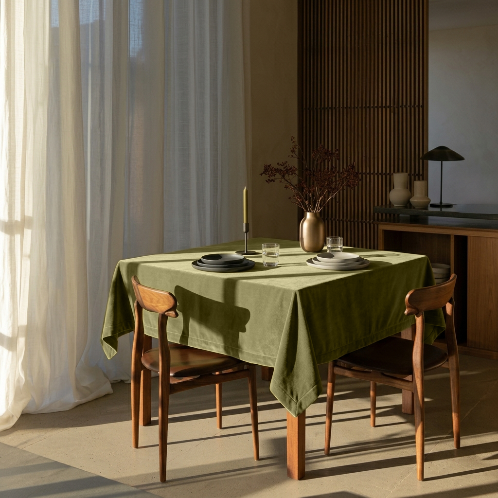 Moss Green Square Velvet Tablecloth in a Mid-Century Modern Dining Room with Walnut Furniture and Sheer Curtains