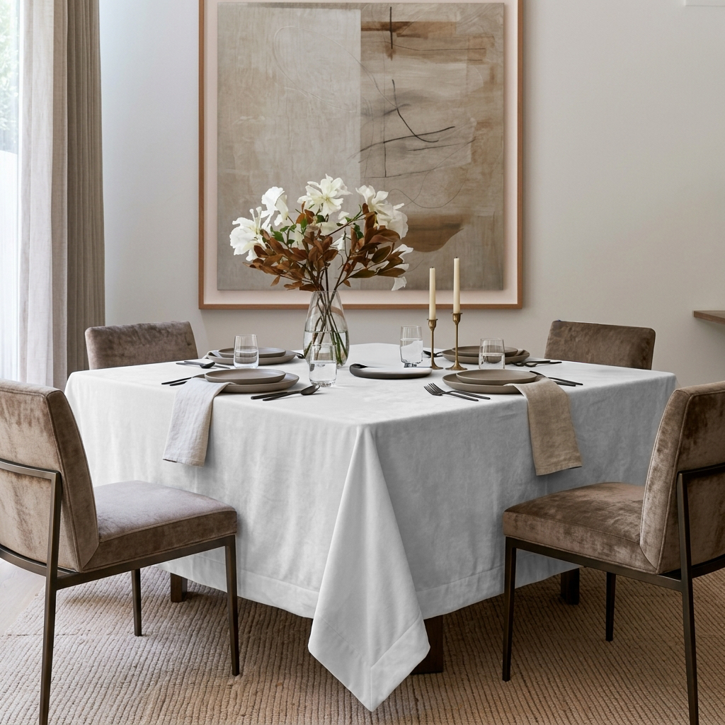 Off-White Square Velvet Tablecloth in a Contemporary Dining Room with Abstract Wall Art and Upholstered Chairs