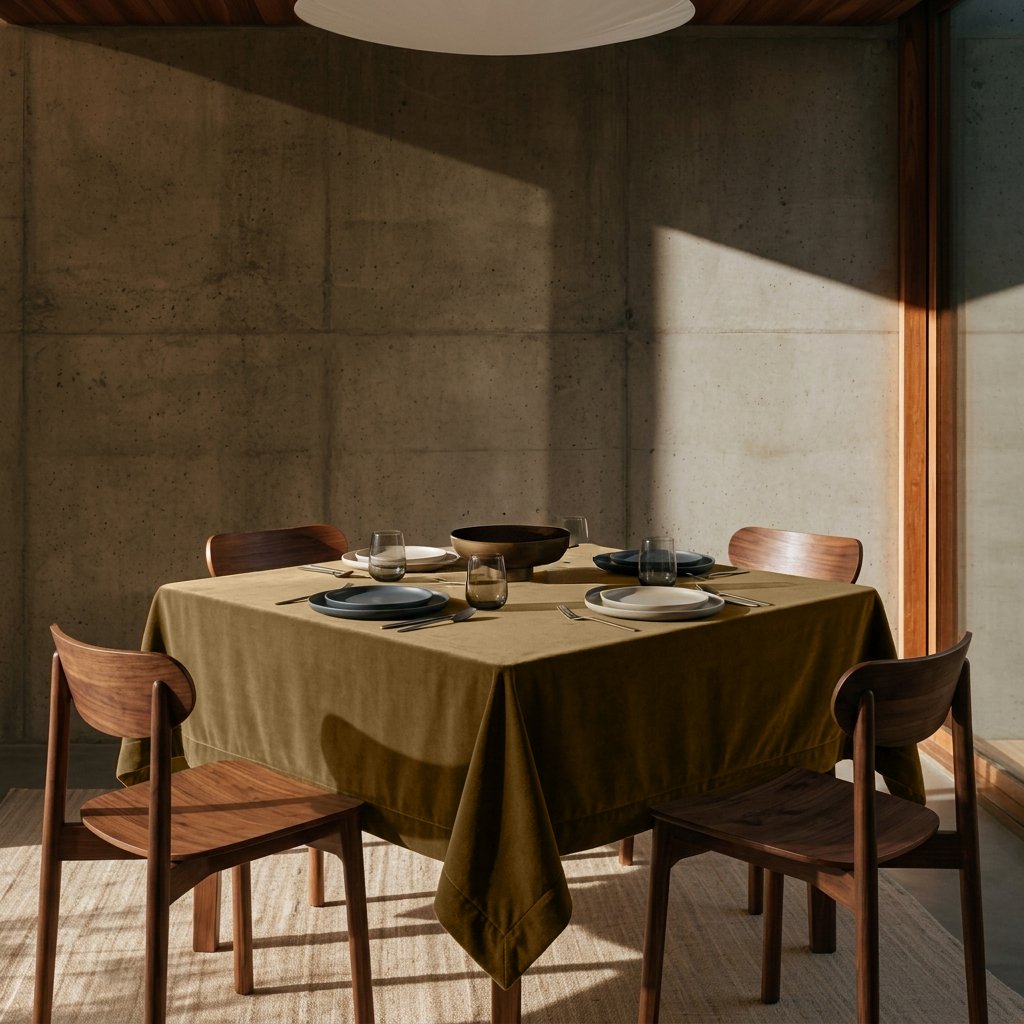 Olive Brown Square Velvet Tablecloth in a Contemporary Dining Room with Concrete Walls and Wooden Chairs