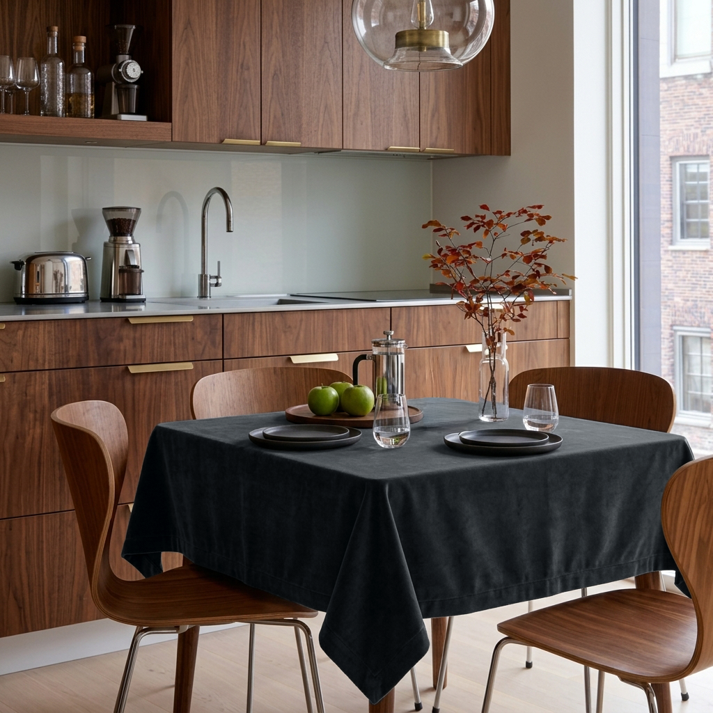 Steel Black Square Velvet Tablecloth in a Modern Kitchen with Walnut Cabinetry