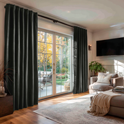 Steel Black Velvet Back Tab Blackout Curtains for Sliding Doors in a Living Room with Off-White Walls