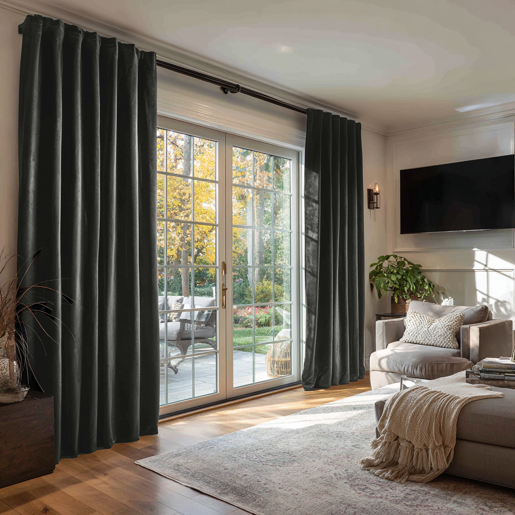 Steel Black Velvet Back Tab Blackout Curtains for Sliding Doors in a Living Room with Off-White Walls