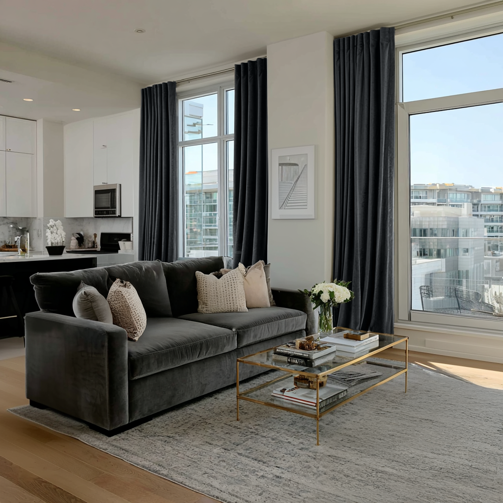 Steel Black Velvet Back Tab Curtains in a Modern Apartment Living Room with a Charcoal Sofa and Brass Coffee Table
