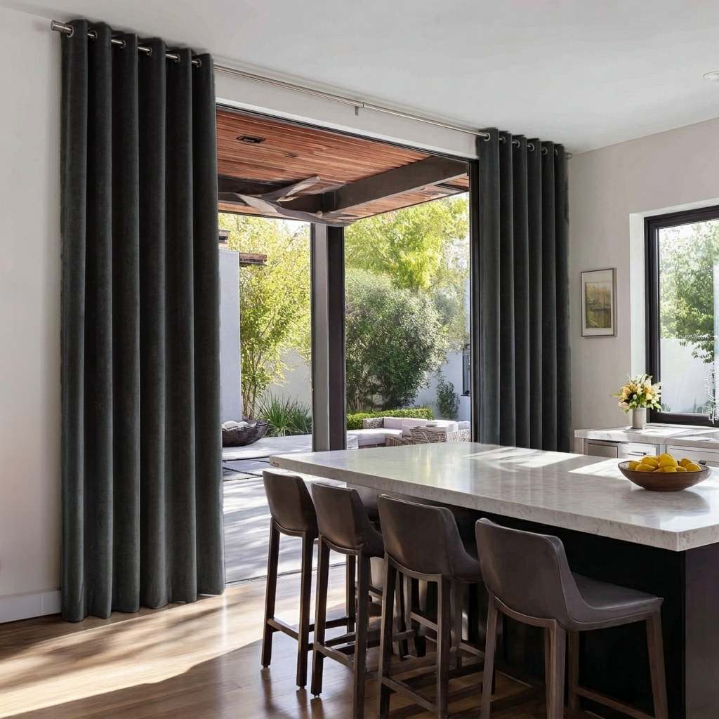 Steel Black Velvet Eyelet Blackout Curtains for Sliding Doors in a Kitchen with White Walls