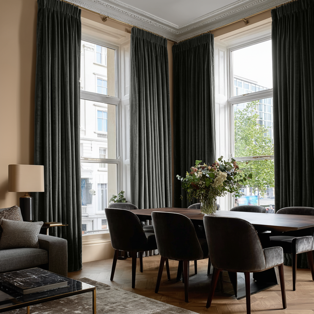 Steel Black Velvet Pencil Pleat Blackout Curtains in a Living Room with Warm Beige Walls