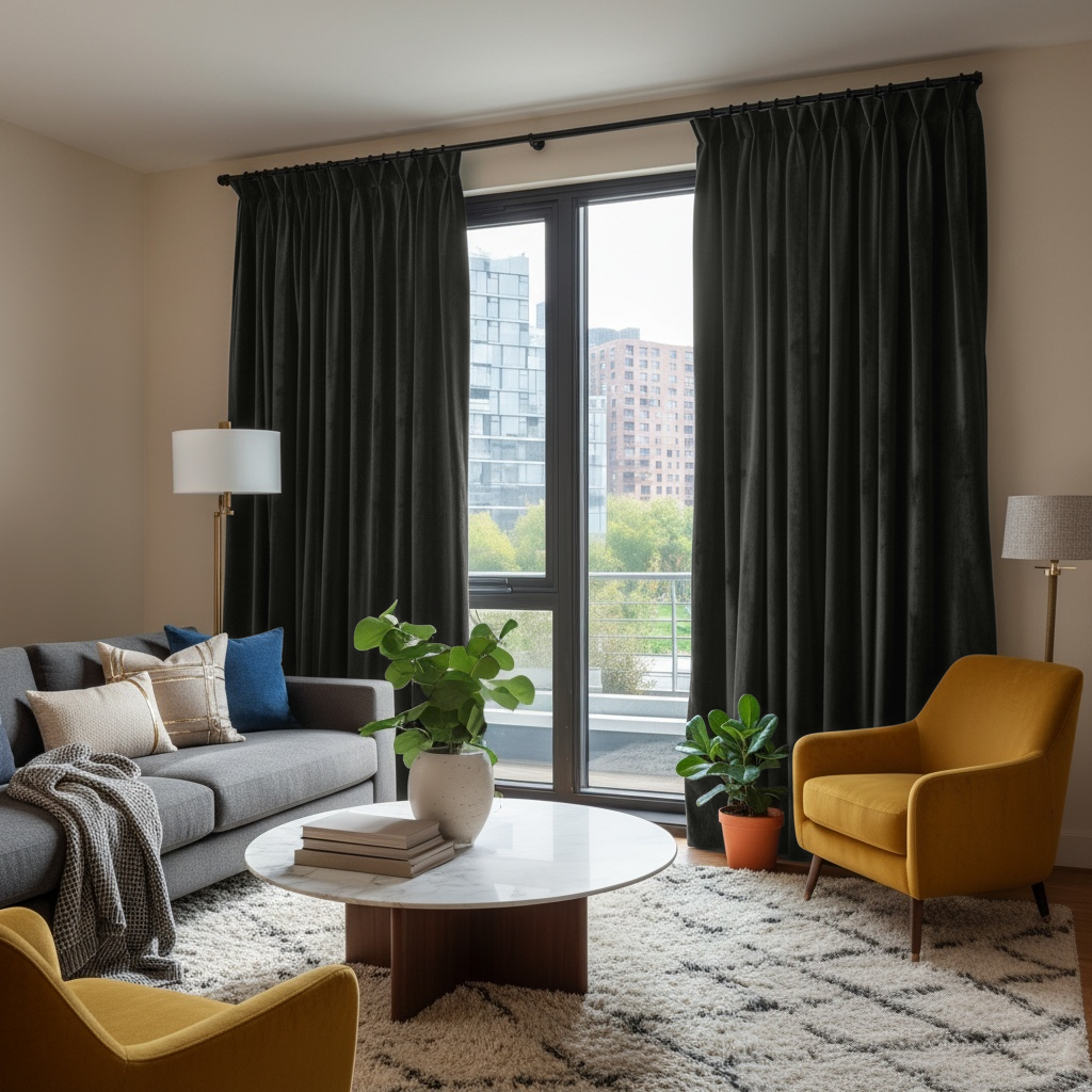 Steel Black Velvet Pinch Pleat Blackout Curtains in a Living Room with Cream Walls