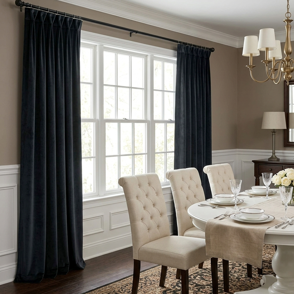 A pair of long dark navy blue velvet curtains hanging on a black rod over a white multi-pane window in a dining room setting with cream tufted chairs and a dining table.