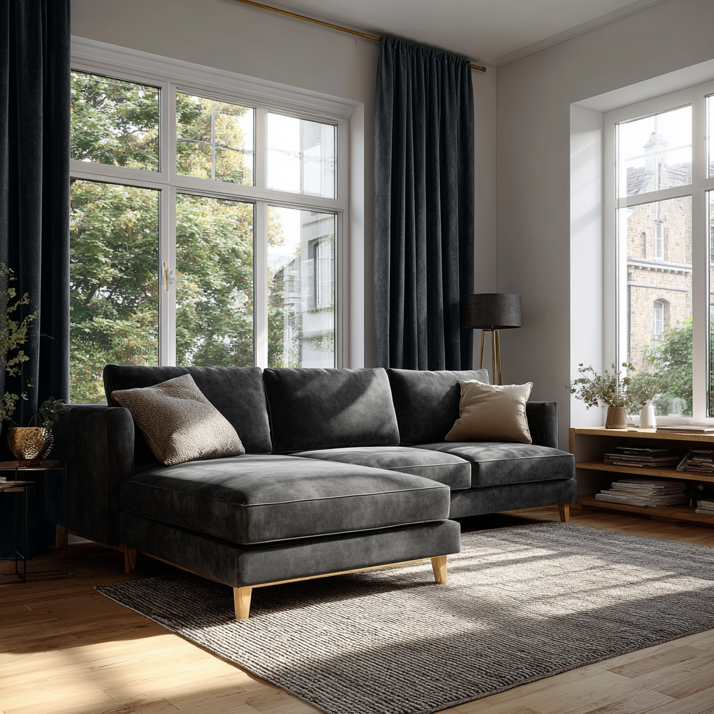 Steel Black Velvet Rod Pocket Curtains in a Bright Living Room with a Chaise Sofa