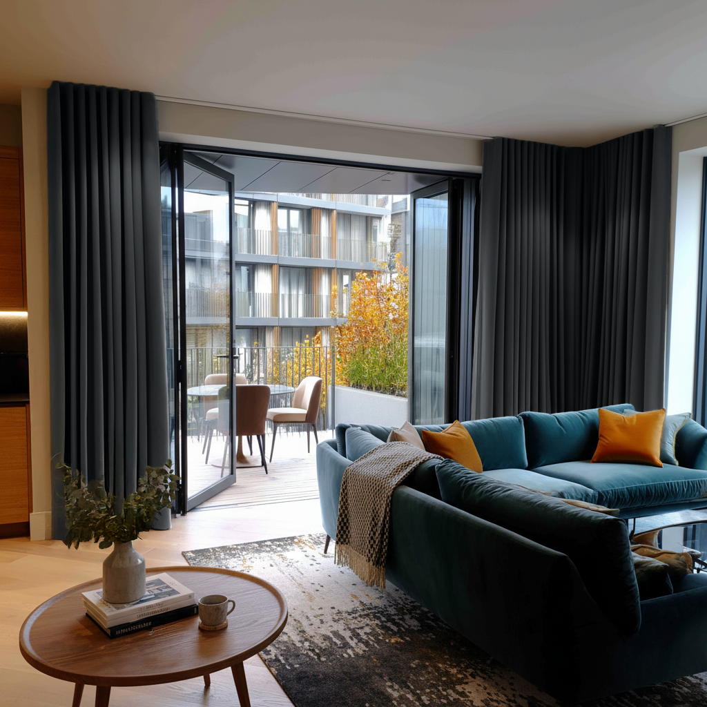Steel Black Velvet Wavefold Curtains for Bifold Doors