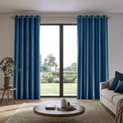 Steel Blue Velvet Eyelets Extra Long Curtains in a Contemporary Living Room with Sliding Glass Doors