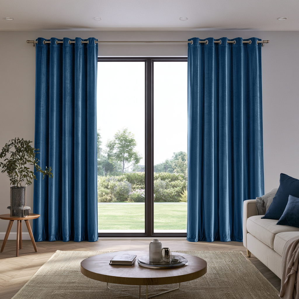 Steel Blue Velvet Eyelets Extra Long Curtains in a Contemporary Living Room with Sliding Glass Doors