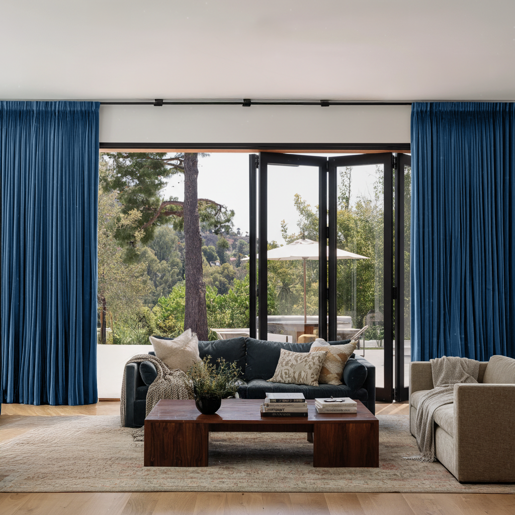 Steel Blue Pencil Pleat Velvet Curtains for Bifold Doors