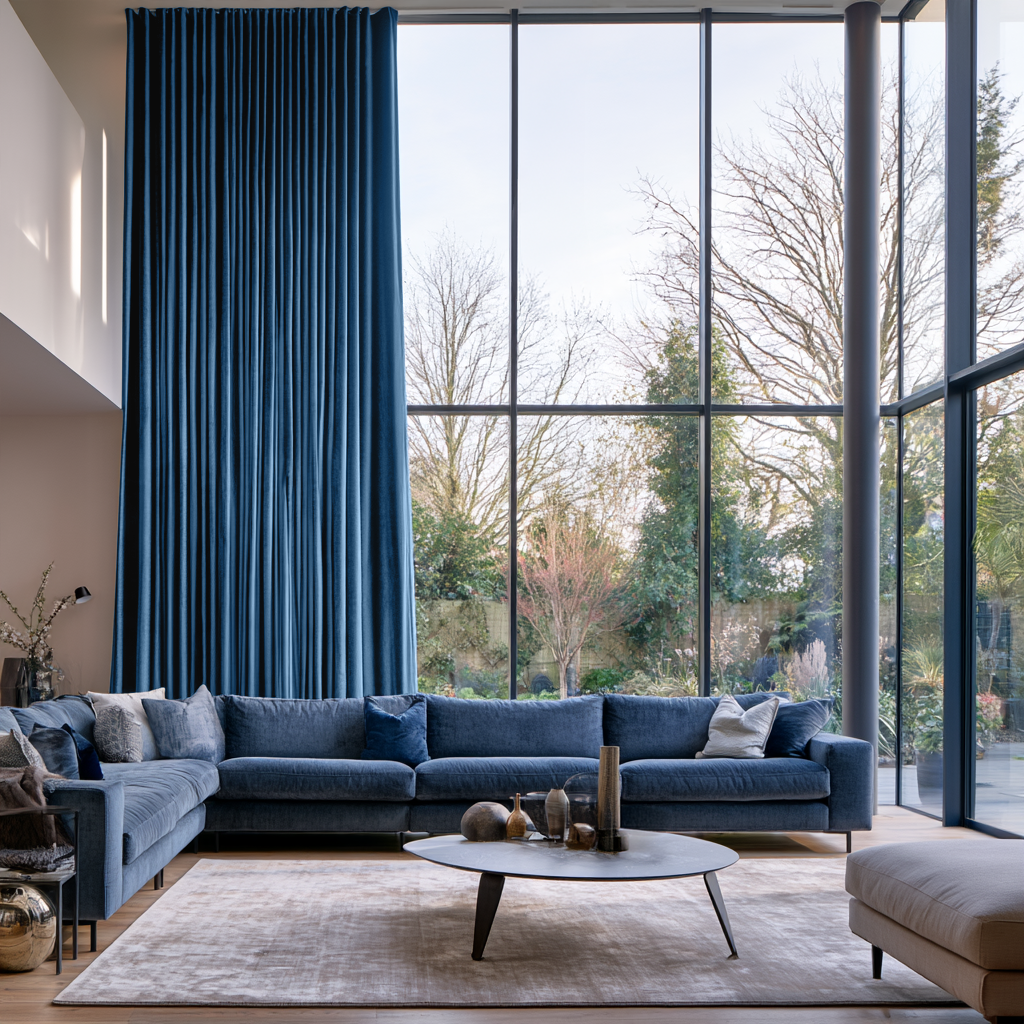 Steel Blue S-Fold Extra Long Curtains in a Modern Double-Height Living Room with Floor-to-Ceiling Windows and Large Sectional Sofa