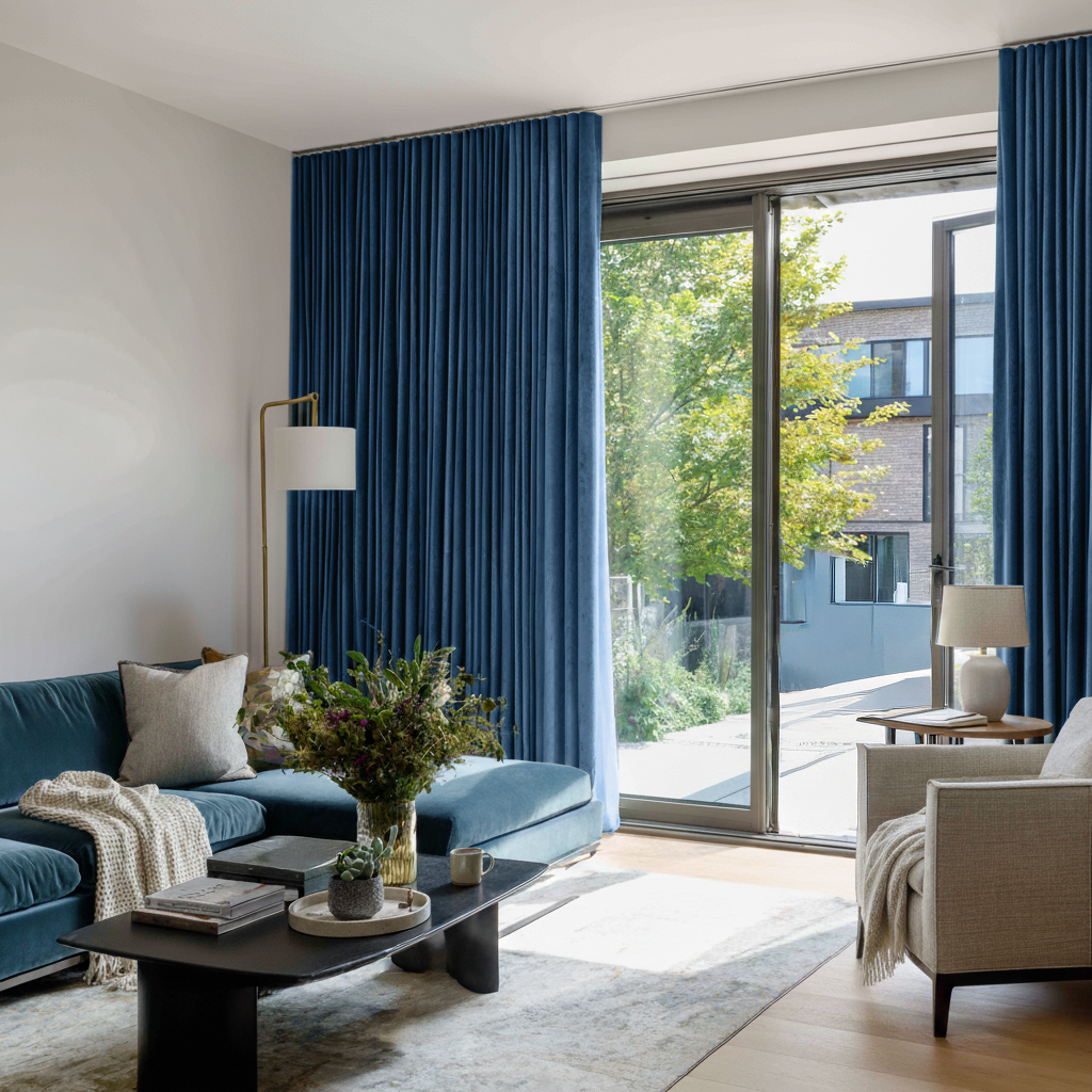 Steel Blue S-Fold Thermal Velvet Curtains for Bifold Doors