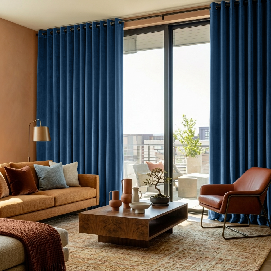 Steel Blue Velvet Eyelet Blackout Curtains for Sliding Doors in a Living Room with Ochre Yellow Walls