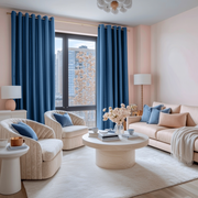 Steel Blue Velvet Eyelet Blackout Curtains in a Living Room with Blush Pink Walls
