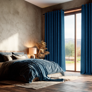 Steel Blue Velvet Eyelet Curtains for Sliding Door in a Moody Bedroom with Textured Taupe Walls