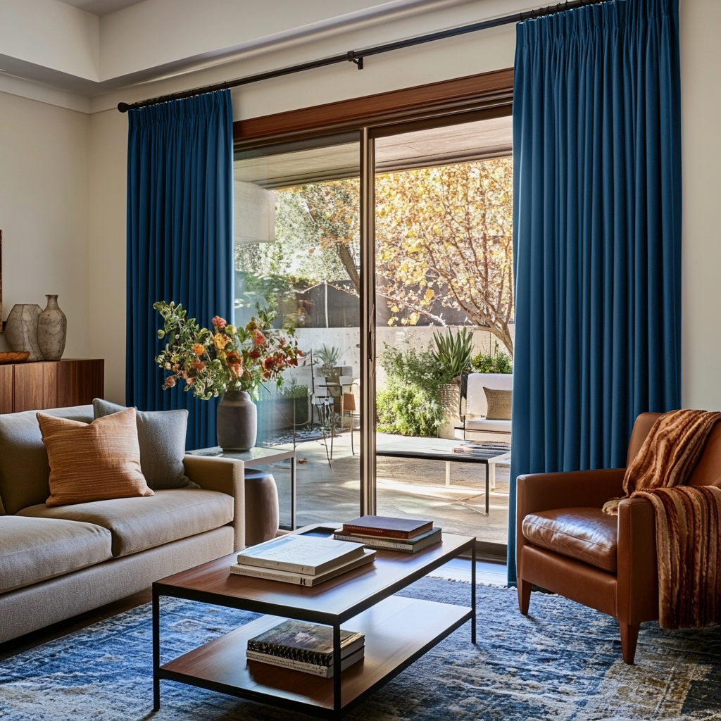 Steel Blue Velvet Pencil Pleat Curtains for Sliding Door in a Modern Living Room with Leather Armchair and Blue Patterned Rug
