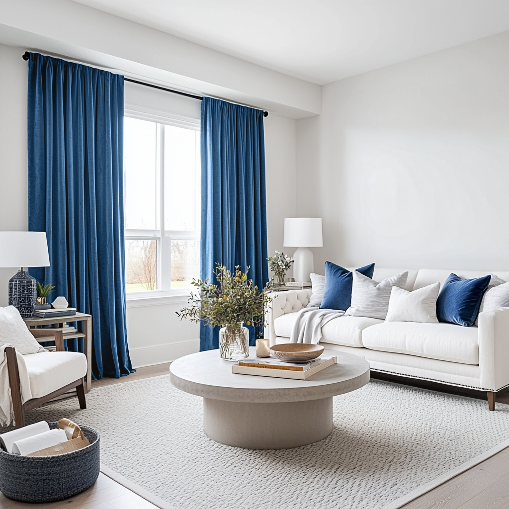 Steel Blue Velvet Rod Pocket Blackout Curtains in a Living Room with Crisp White Walls