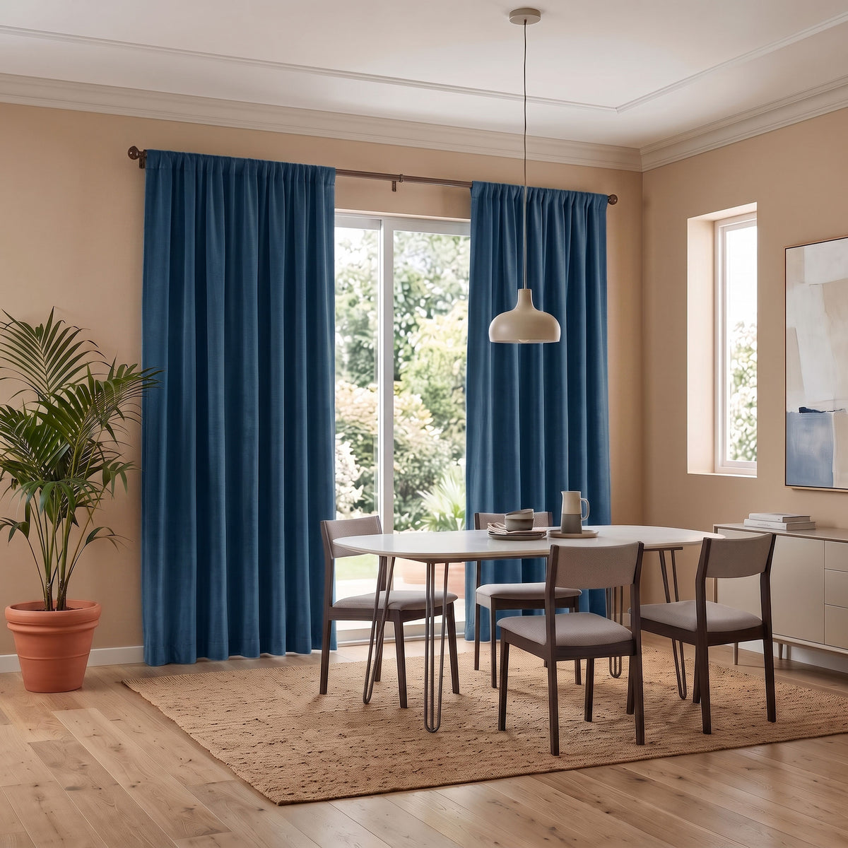 Modern dining room with blue curtains, a wooden table, four chairs, and a potted palm