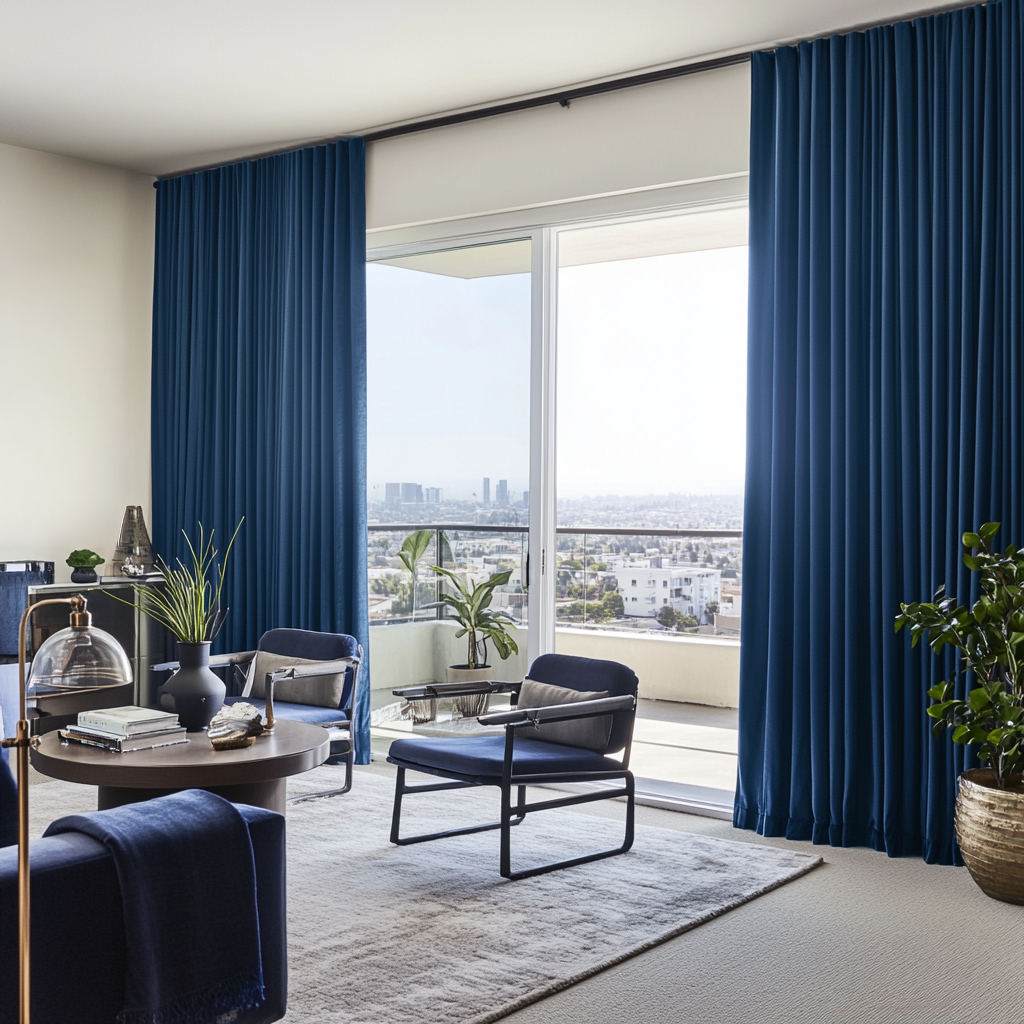 Steel Blue Velvet S-Fold Curtains for Sliding Door in a Contemporary Living Room