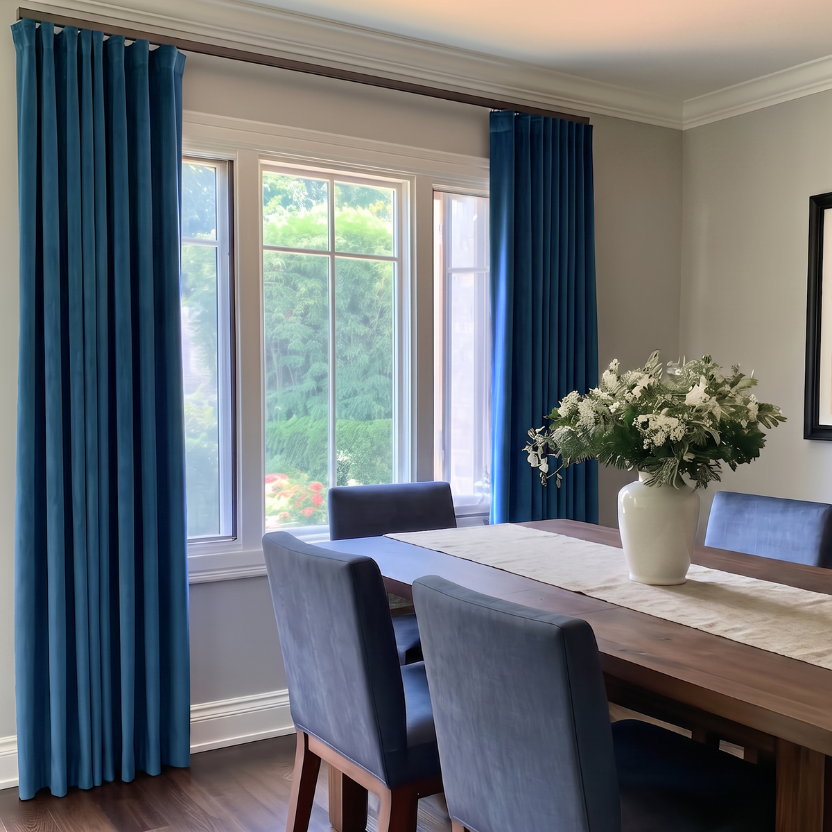 A pair of deep blue velvet curtain panels hanging on a rod over a multi-pane window in a dining room setting with a wooden table, blue chairs, and a white vase of flowers.