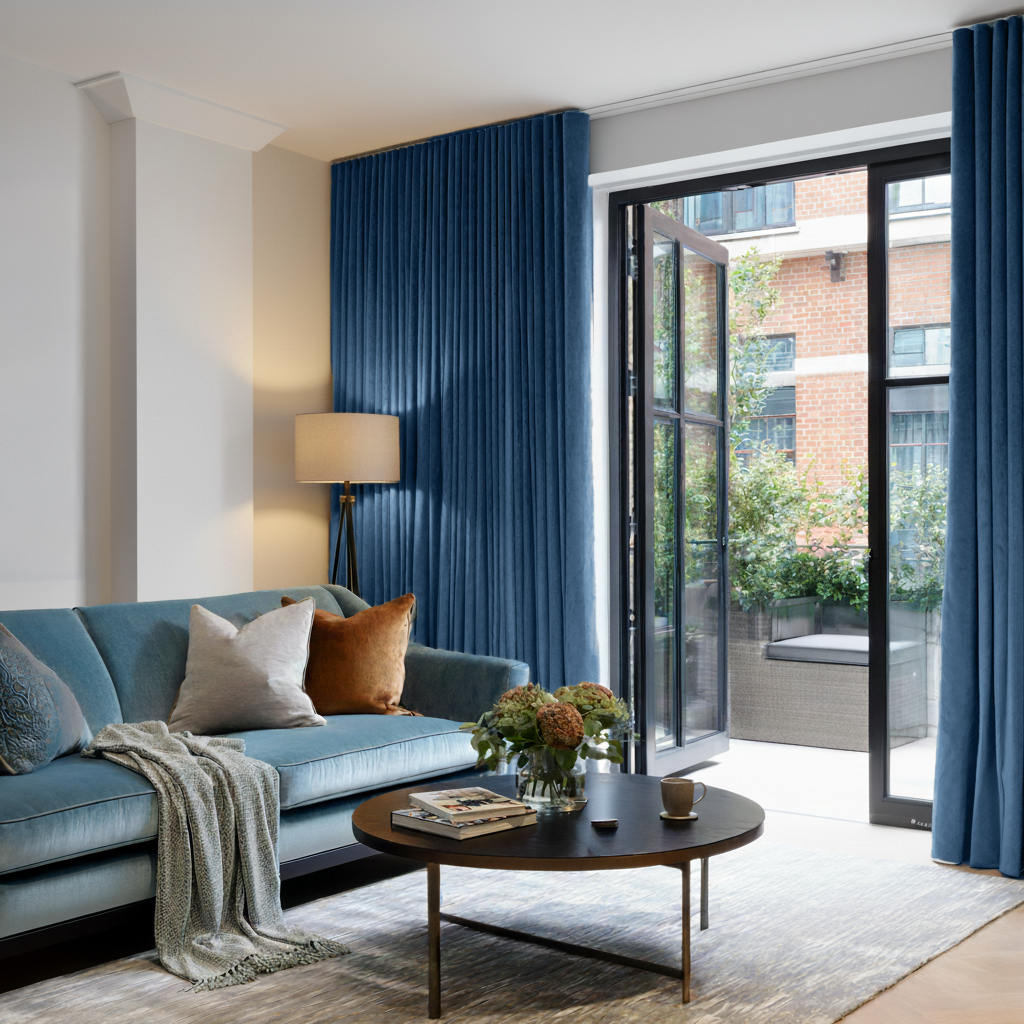 Steel Blue Velvet Wavefold Curtains for Bifold Doors