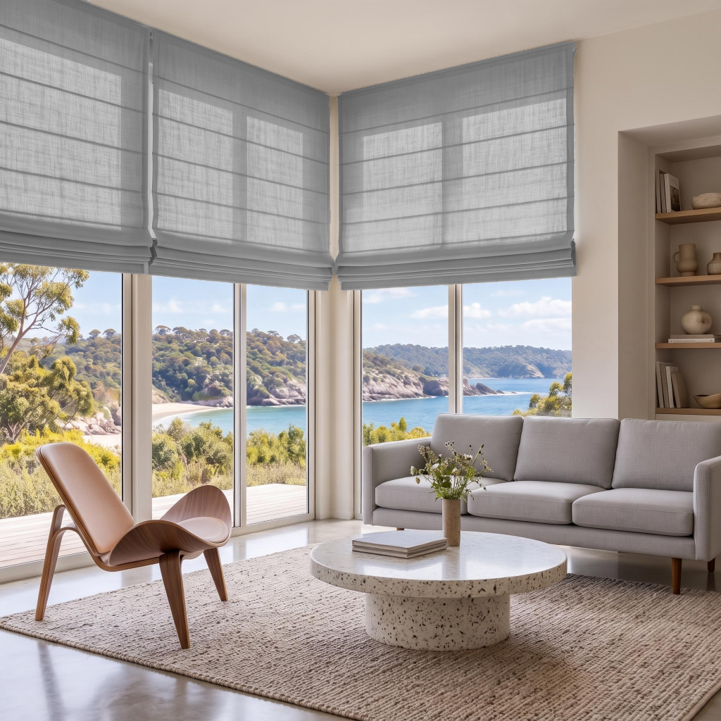 Stone Gray Linen Cordless Roman Blinds in a Contemporary Open-Plan Living Room
