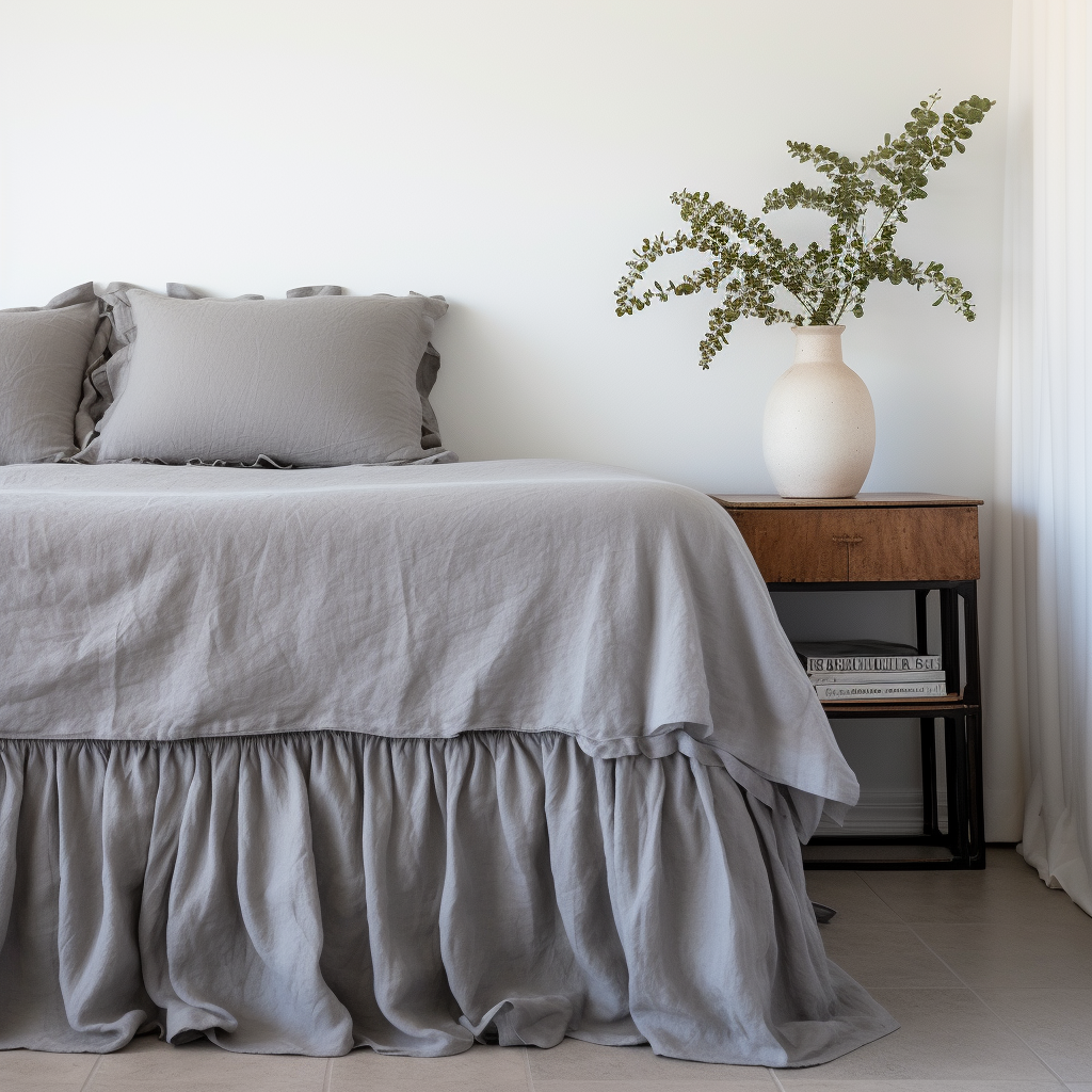 Stone Grey Linen Bed Skirt Valance with Gathered Ruffles