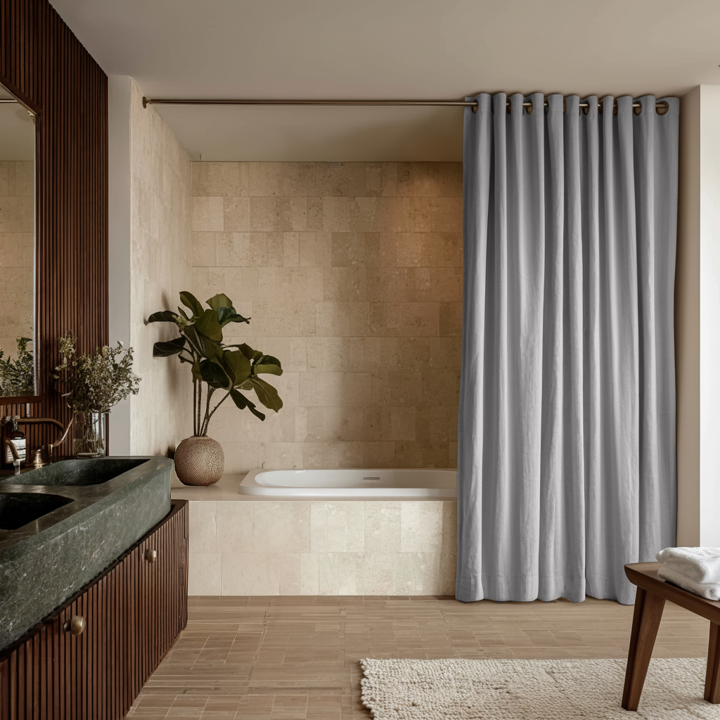 Stone Grey Hookless Linen Waterproof Shower Curtain